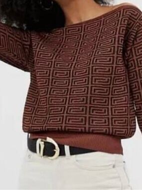 River Island Brown Geometric Off Shoulder Sweater